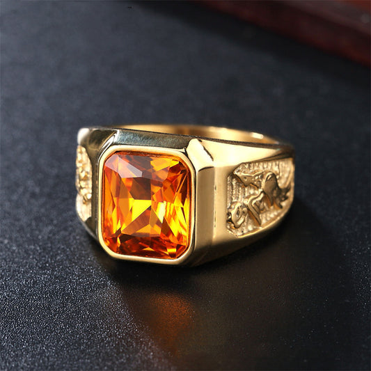 Dragon and Phoenix Ring Gemstone Retro Stainless Steel Ring Golden Champagne Red Stone Green Stone Blue Stones