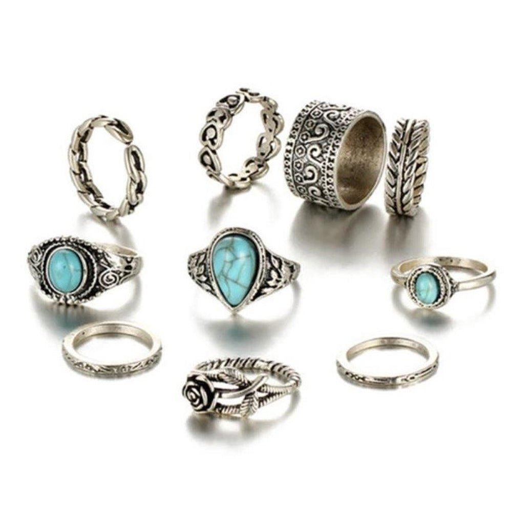 Turquoise 10 Piece Set Joint Combination Ring Inlaid Gem Antique Silver Female Couple Style Cloud Pattern Ring