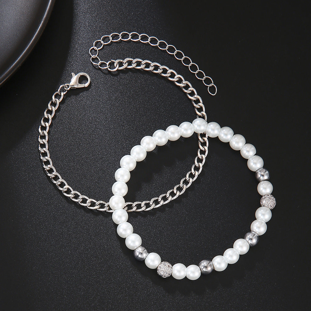 Unisex Geometric Bracelet Set Artificial Pearl Chain Bracelets With Zircon Accents Matching Couple Jewelry Gift
