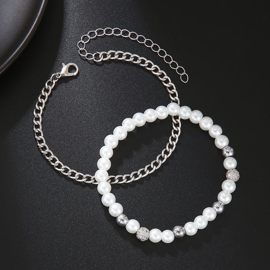 Unisex Geometric Bracelet Set Artificial Pearl Chain Bracelets With Zircon Accents Matching Couple Jewelry Gift