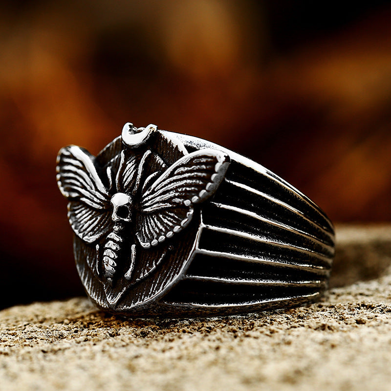 Mens Ring Skeleton Moth Titanium Steel Ring Polished Unisex Ring Fashion Jewelry Gift for Men Travel Souvenir US Size 7 8 9 10 11 12 13
