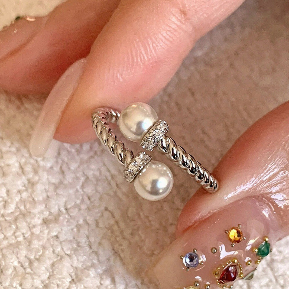 Women's Open Mouth Ring With Double Pearl Copper Ring Electroplating Finish Adjustable Band Jewelry Style Icon