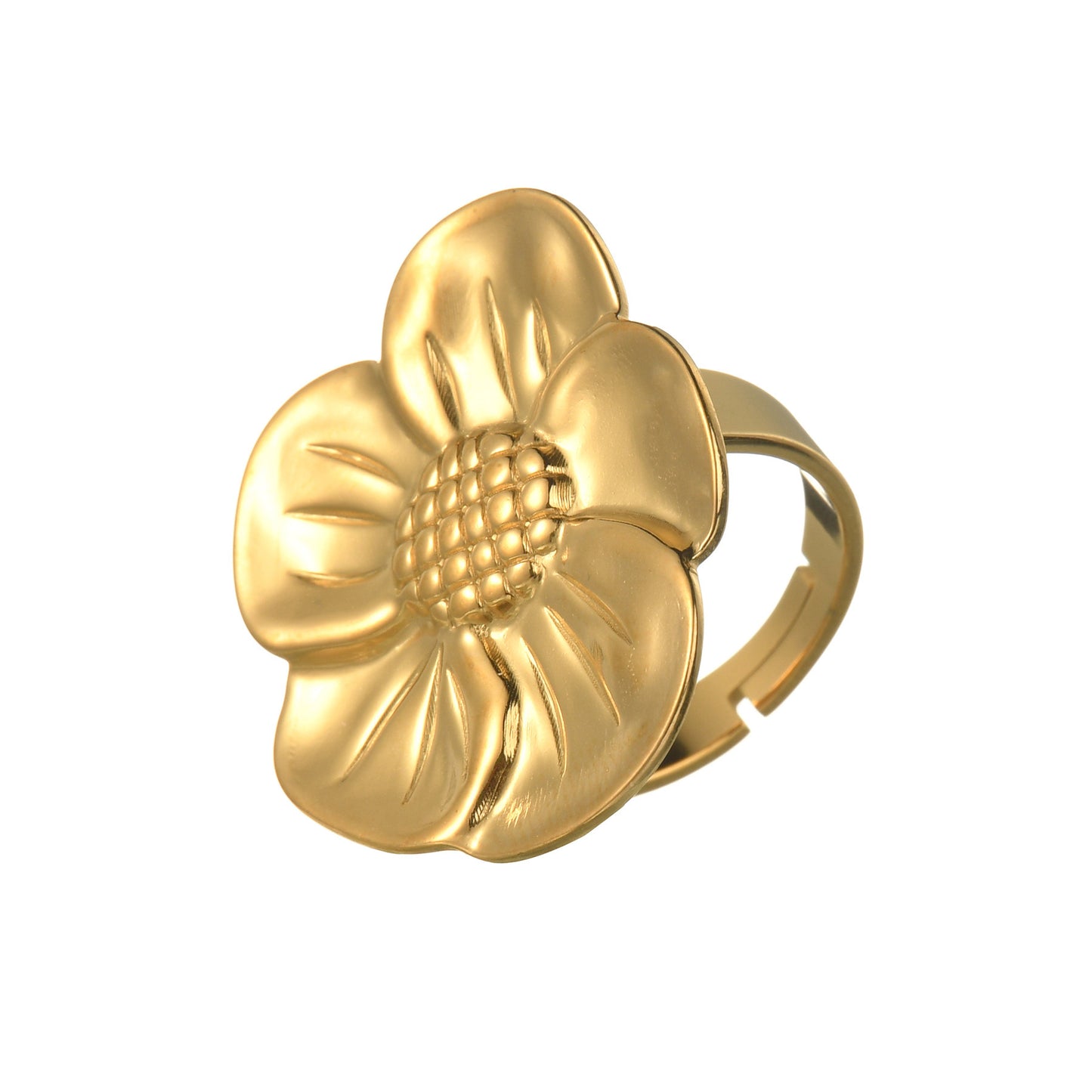 Textured Retro Gold Stainless Steel Flower Open Ring For Women Elegant Statement Jewelry Gift Idea Handcrafted Finish
