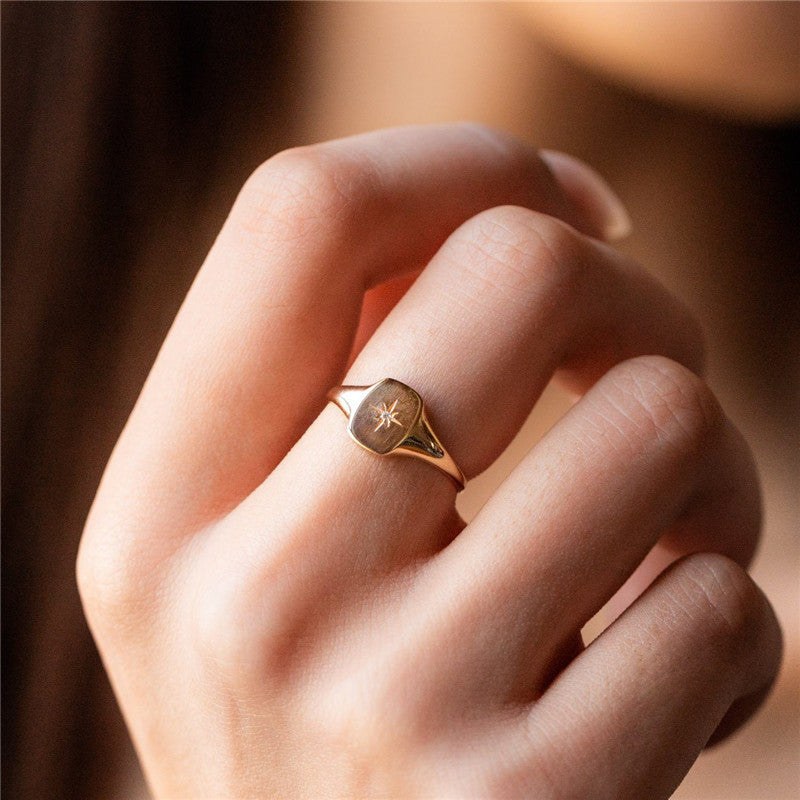 Rings European American Hexagonal Star Seal Personality Square Ring Copper Electroplating Style Women Size 5 6 7 8 9 10