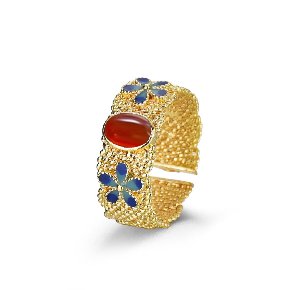 Adjustable Gold Plated Copper Ring With Silk Inlay In Burnt Blue Retro Lotus Orchid Design Open Ring For Women