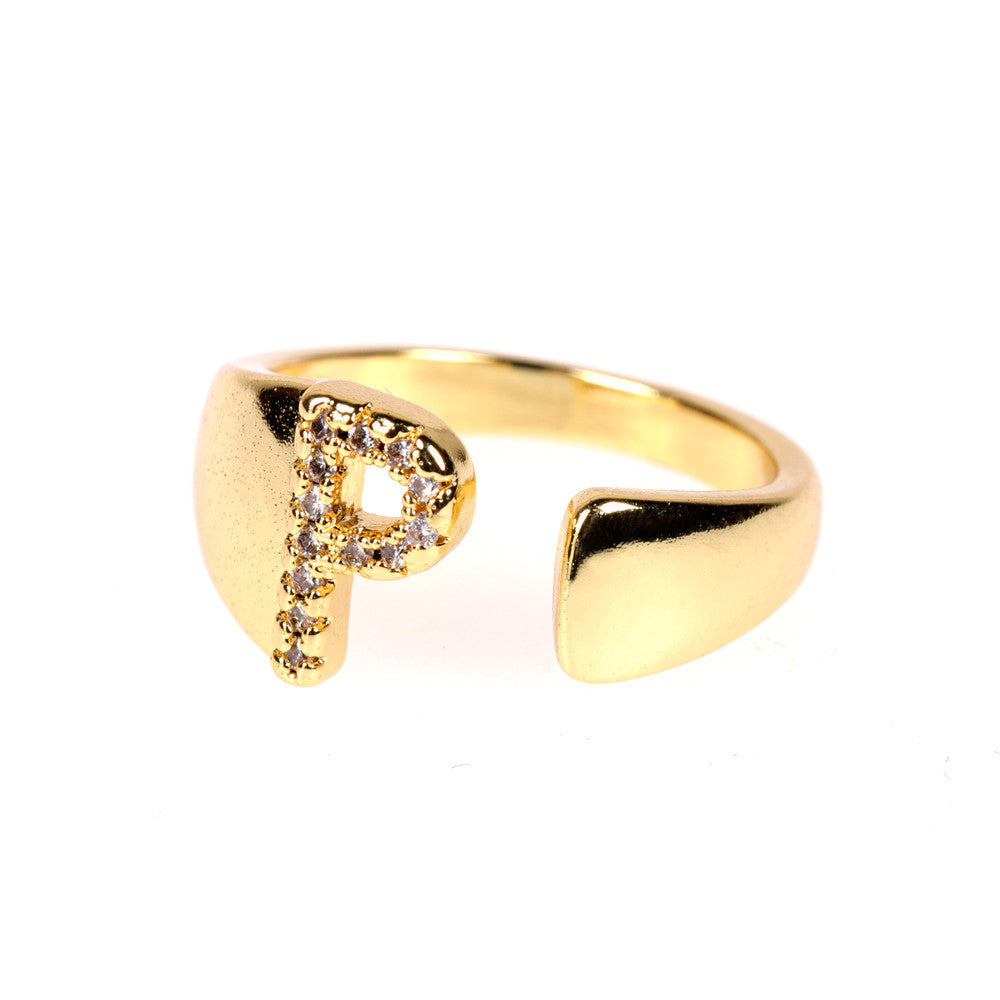 Women Initial Letter Ring Adjustable Gold Plated Diamond Accent Personalized Alphabetical Jewelry Gift For Her