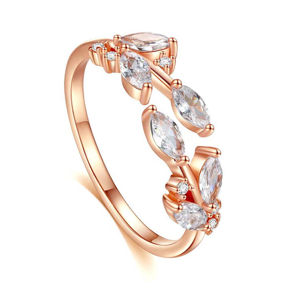 Womens Open Ring Copper Leaf Zircon Rose Gold Or White Gold