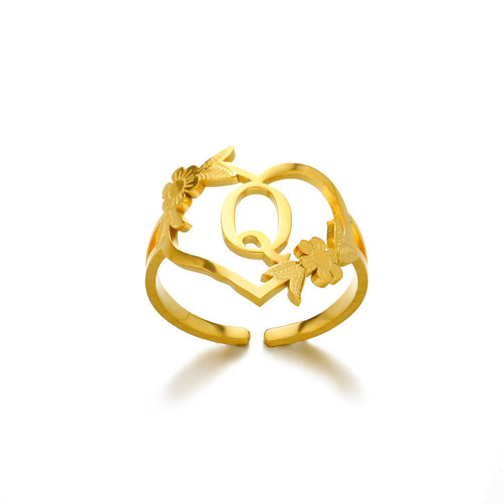 Heart Shaped Initial Rings Women Adjustable Stainless Steel Letters Ring Unisex European Design Letters Numbers