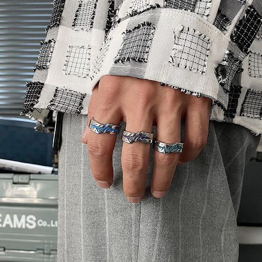 Titanium Steel Ring Irregular Band Textured Fashion Jewelry Design Japanese and South Korean Purple Blue Dark