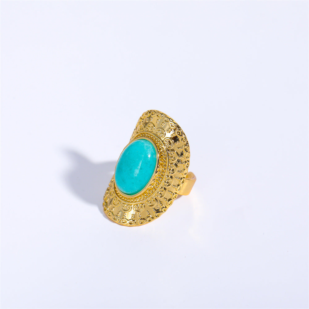 Vintage Bohemian Style Adjustable Natural Stone Ring Copper Fashion Jewelry White Blue Red Tianhe Stone Trendy