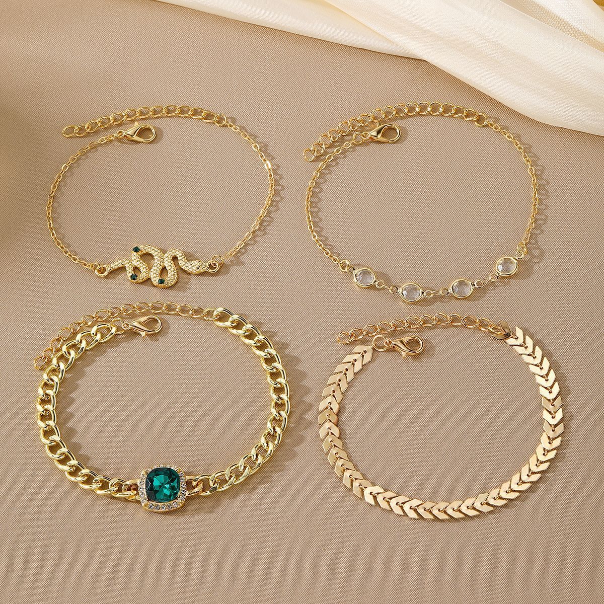 Women Emerald Green Bracelet Set Square Diamond Snake Design Electroplated Zodiac Gift Travel For Travel Lovers