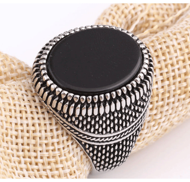 Mens Vintage Geometric Ring Alloy Electroplated With Black Artificial Gemstones European American Design Style Trend