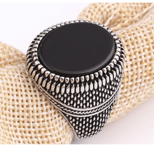 Mens Vintage Geometric Ring Alloy Electroplated With Black Artificial Gemstones European American Design Style Trend