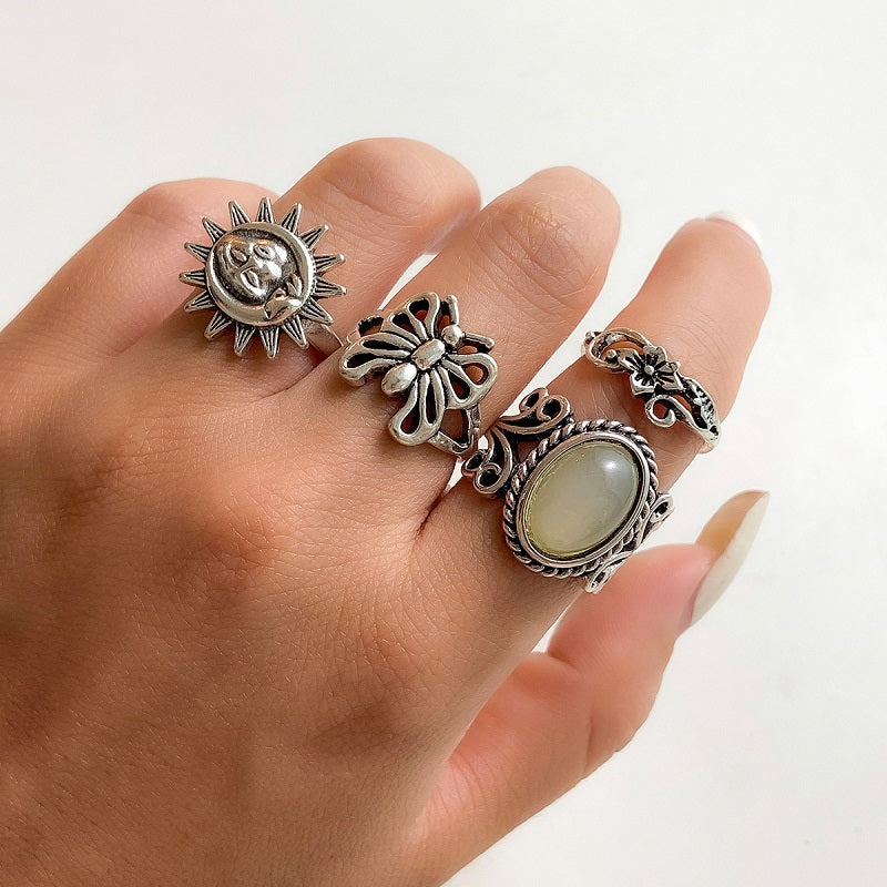 Retro Ethnic Sun Relief Butterfly Ring Set 4 Piece For Women Antique Silver Finish Jewelry For Daily Wear Plus