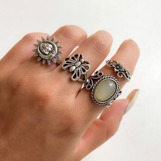 Retro Ethnic Sun Relief Butterfly Ring Set 4 Piece For Women Antique Silver Finish Jewelry For Daily Wear Plus