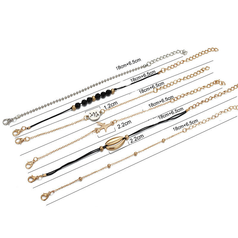 Geometric Alloy Bracelet Set With Airplane And Round Bead Chains For Women Girls Six Piece Gift For Everyday Wear