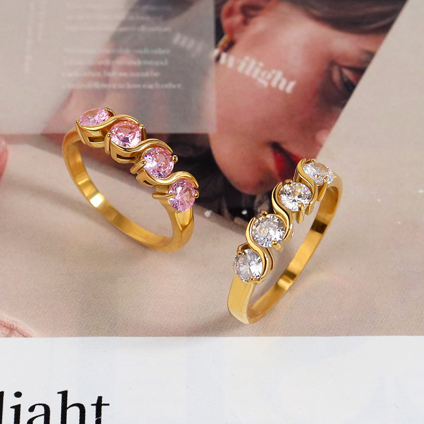 StainlessSteel Ring Unisex Pink Diamond And White Diamond Geometric Zircon Single Row Band Fashion Jewelry Set
