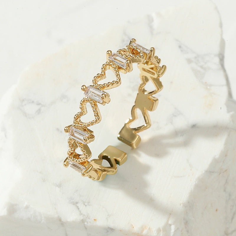 Copper Ring With Zircon Retro Geometric Patterns Design Adjustable Opening Hollow Love Couple Ring Anniversary