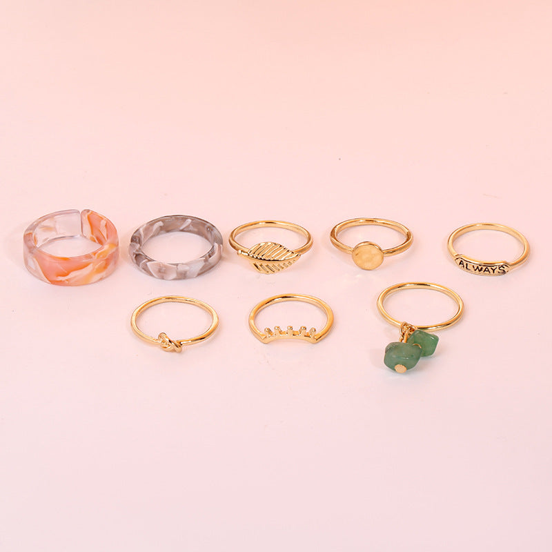 Geometric Ring Set Eight Piece Natural Stones Fashion Jewelry For Everyday Wear Versatile Accessory Collection