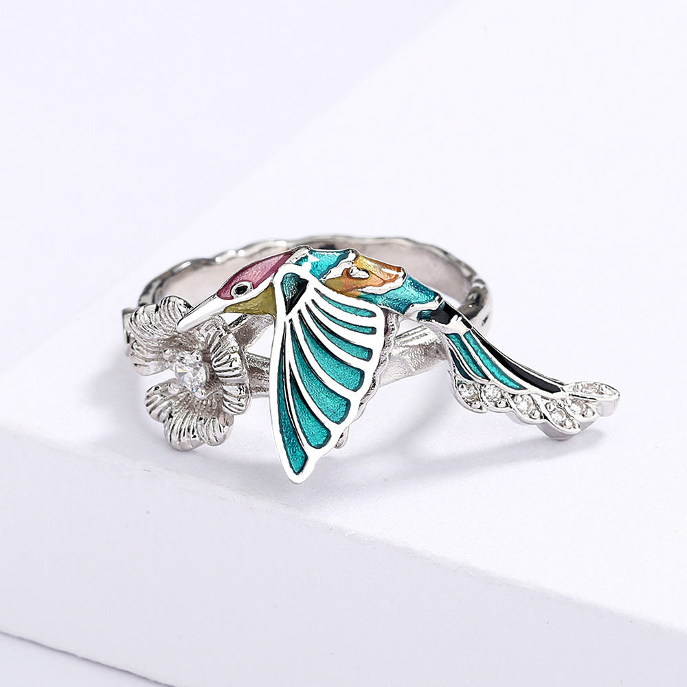 Womens Hummingbird Ring Epoxy Colorful Animal Bird Zircon Inlaid Alloy Drip Pastoral Style Jewelry Hummingbird
