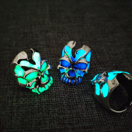 Mens Vintage Ghost Head Rings Toothy Luminous Adjustable Alloy Geometric Rings Fluorescent Inlay Glowing Skull Ring