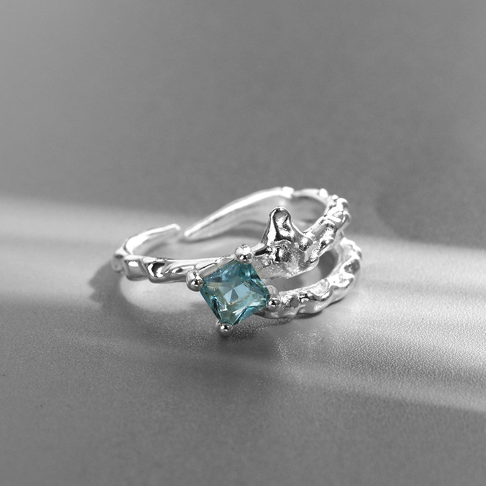 Unisex Adjustable Blue Zircon Ring Copper Electroplated Flower Design Irregular Fashion Jewelry Sturdy For Men And Women