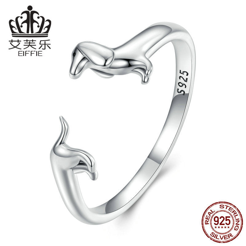 Sterling Silver Dachshund Ring Adjustable Oxidized S925 Geometric Sausage Dog Jewelry Gift For Sausage Dog Fan