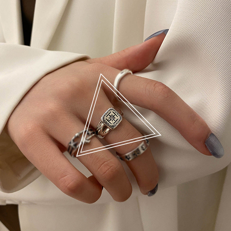 Women Ring Silver Plated Star And Moon Geometric Vintage Celestial Adjustable Jewelry Everyday Statement Piece