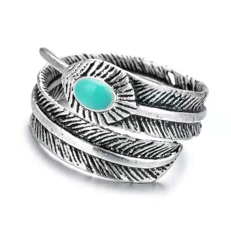 Silver Inlaid Leaf And Feather Ring Zinc Alloy Jewelry European American Design Ring Travel Memorial Gift Ring For Men