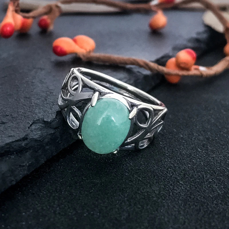 Women's Retro Ring with Natural Gemstone Hollow Pattern Copper Band Statement Ring for Her Vintage Inspired Jewelry Gift US Size 6 7 8 9 10