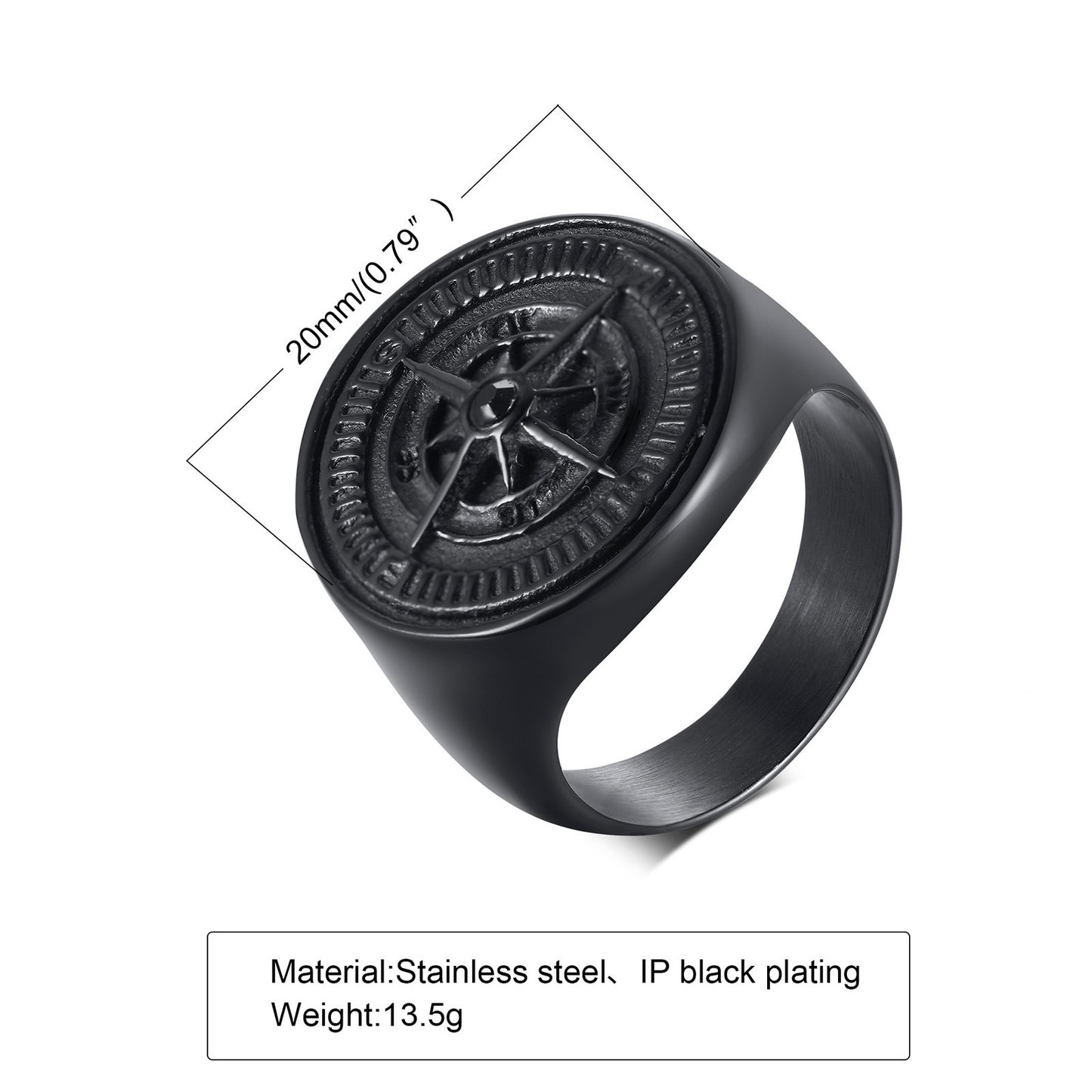 Stainless Steel Compass Ring Black Round Mens Fashion Accessory Durable Lightweight Gift Idea for Him Everyday