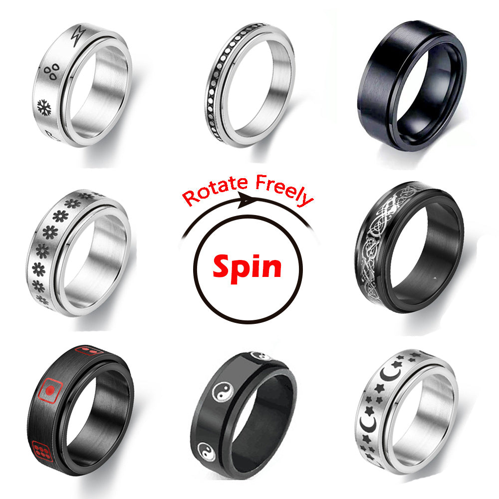 Mens Stainless Steel Ring Rotating Double Spinner Band Floral Design Durable Metal Ring For Men Fashion Modern