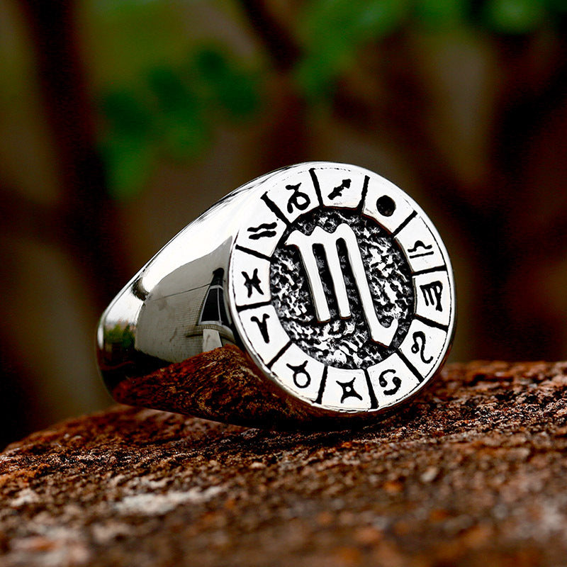 Men Titanium Steel Ring 12 Constellation Zodiac Design Polished Durable Unisex Jewelry For Everyday Wear Handcrafted