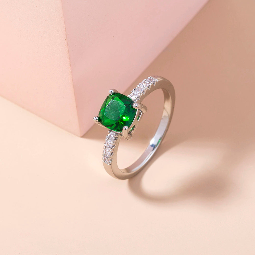 Geometric Green Gemstone Ring With Zircon Copper Adjustable