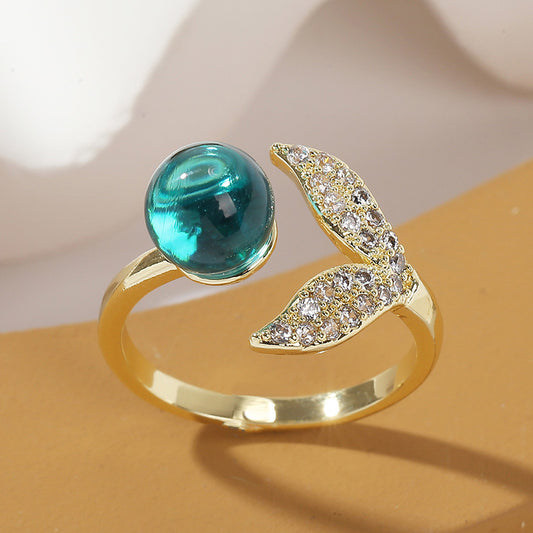 Adjustable Mermaid Tail Ring With Ocean Beads Inlay Copper Gold Alloy Semi Precious Stone Jewelry For Everyday