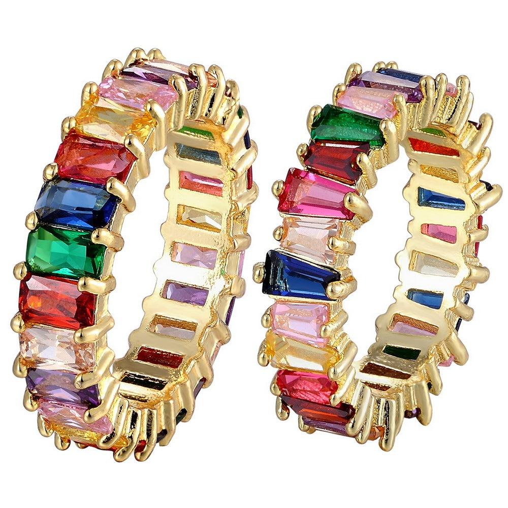 Gold Plated Copper Rings Rainbow Cubic Zirconia Dainty Elegant Women Fashion Jewelry Sparkle For Everyday Wear