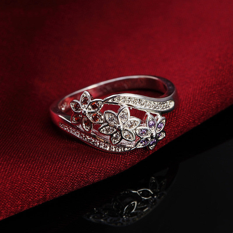 Floral Silver Ring Set With Zircon Diamonds Tricolor Electroplated Copper Ring Jewelry For Women And Girls Chic