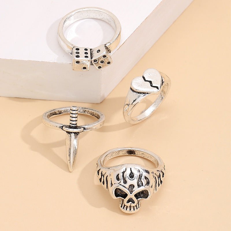 Women Ring Set Silver Tone Fashion Rings With Skull Heart Geometric Ornaments Alloy Electroplated For Everyday Wear
