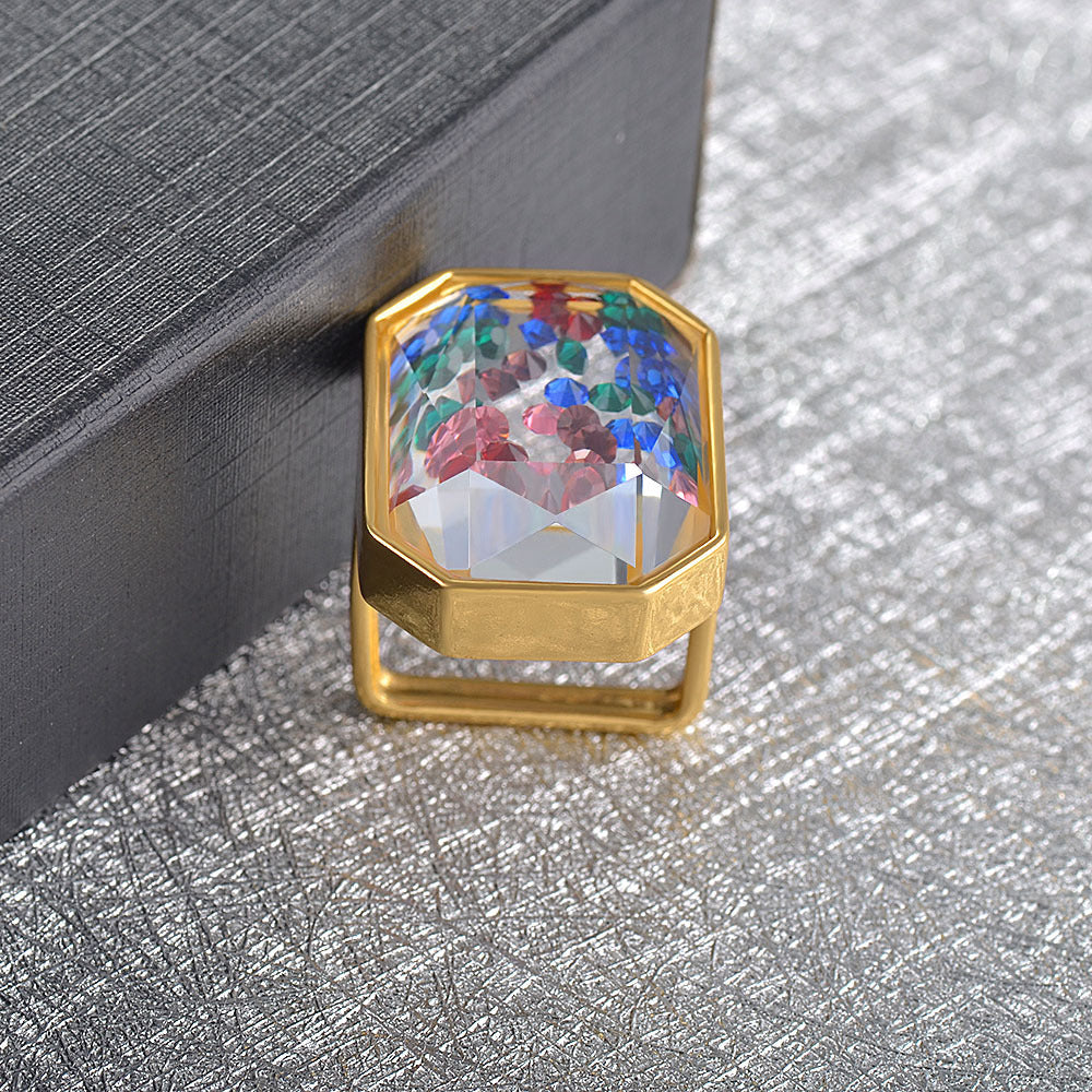 Womens Exaggerated Square Ring Geometric Crystal Inlaid Gold Plated Metal Artificial Gemstone Fashion Jewelry Gift