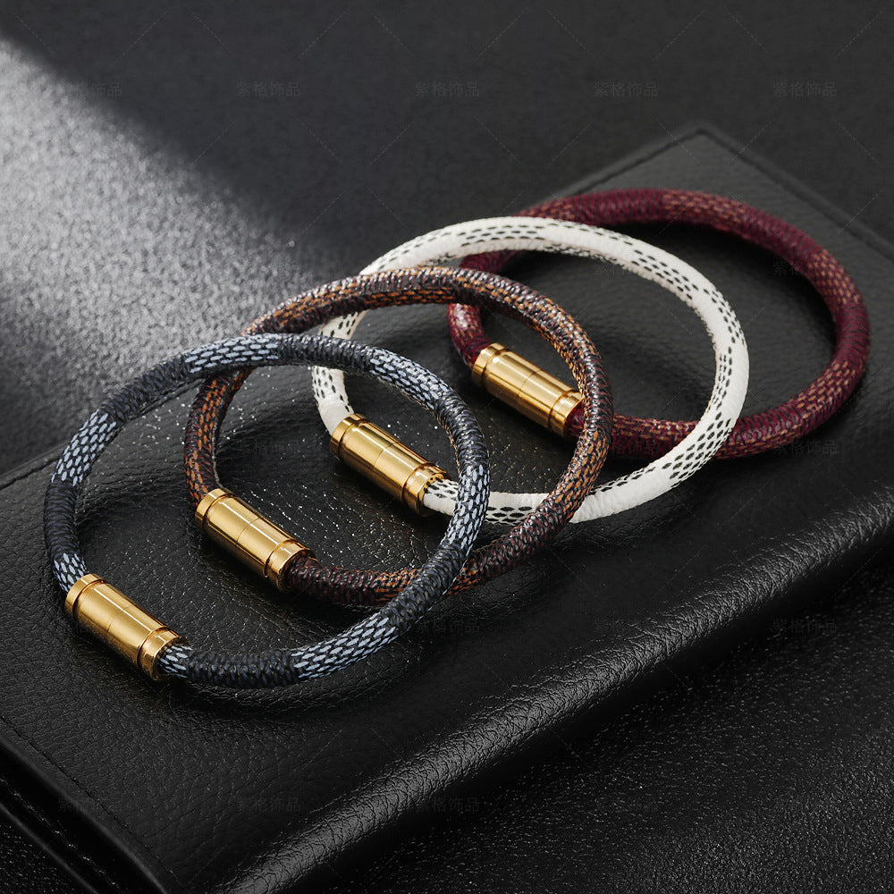 Geometric Striped Unisex Bracelet In Artificial Leather With Magnetic Stainless Steel Buckle Bangle Wristbands