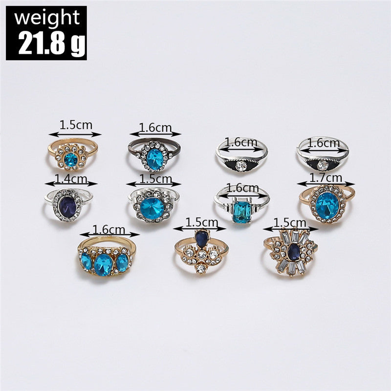 Geometric Alloy Ring Set With Blue And Black Gemstones