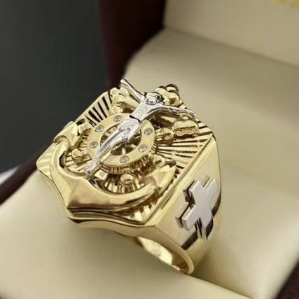 Mens Gold Plated Cross Ring With Gem Inlay European American Design Religious Jewelry Elegant Gem Inlay Design