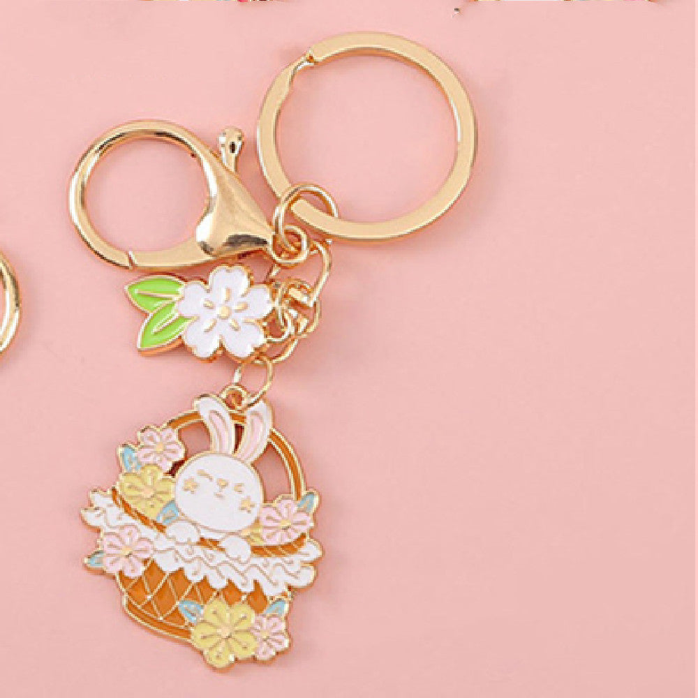 Rabbit Keychain Cartoon Keyring With Cherry Blossom Decoration Flower And Leaf Design Alloy Key Trendy Keyring