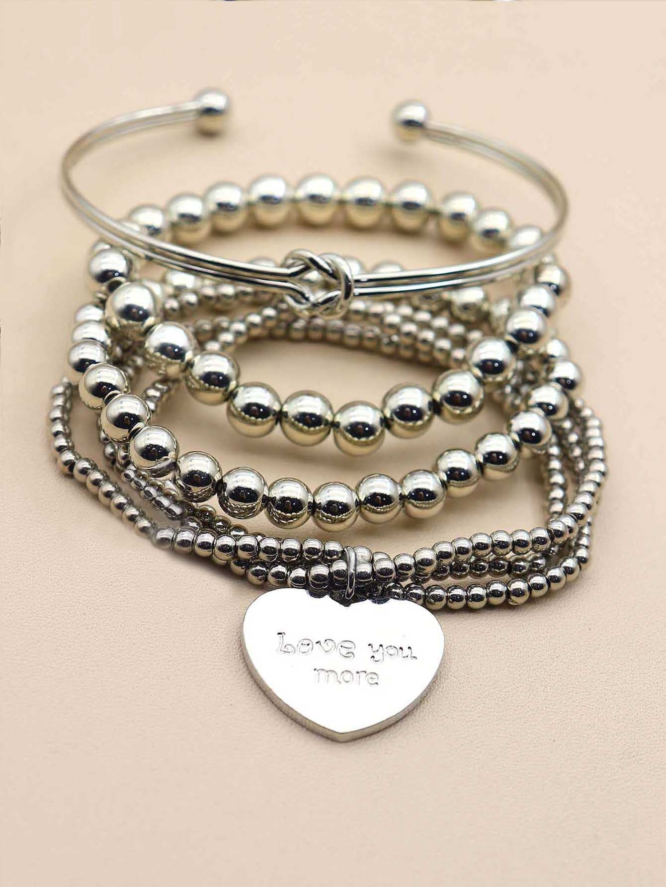 Beaded Bracelet Set Silver Color Heart Multilayer Unisex Design 4 Piece Set Plastic Letter Bracelets Bracelets