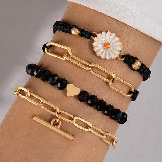 Womens Vintage Alloy Chrysanthemum Bracelet Set Fashion Flower Jewelry With Black Bead Rope 4 Piece Gift Charm