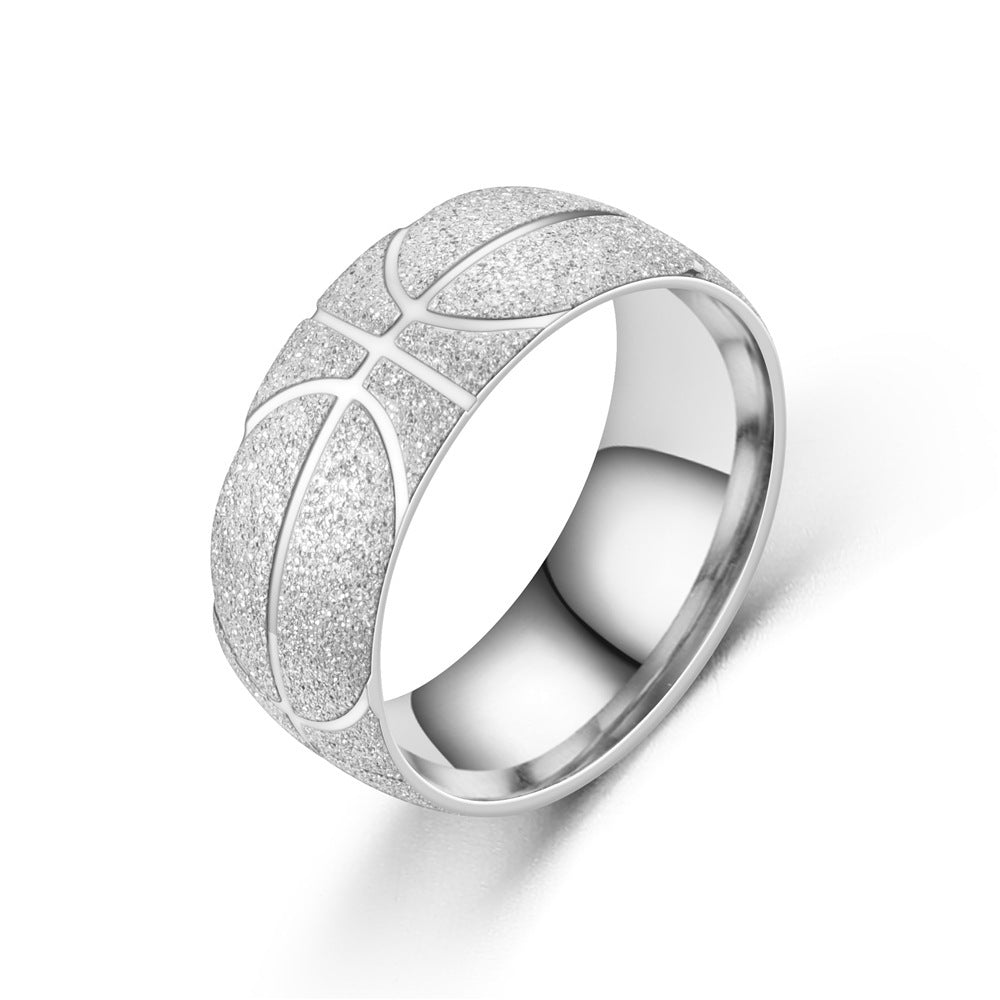 Mens Stainless Steel Ring With Basketball Pattern Geometric Design Black Silver Finish Gift For Men Everyday Wear