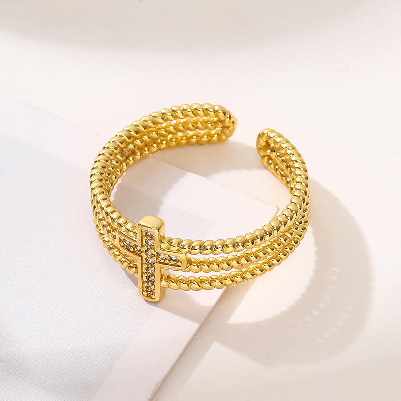 Open Adjustable Copper Ring With 18K Gold Plating Three Layer Hollow Zircon Cross Geometric Design Jewelry For Women