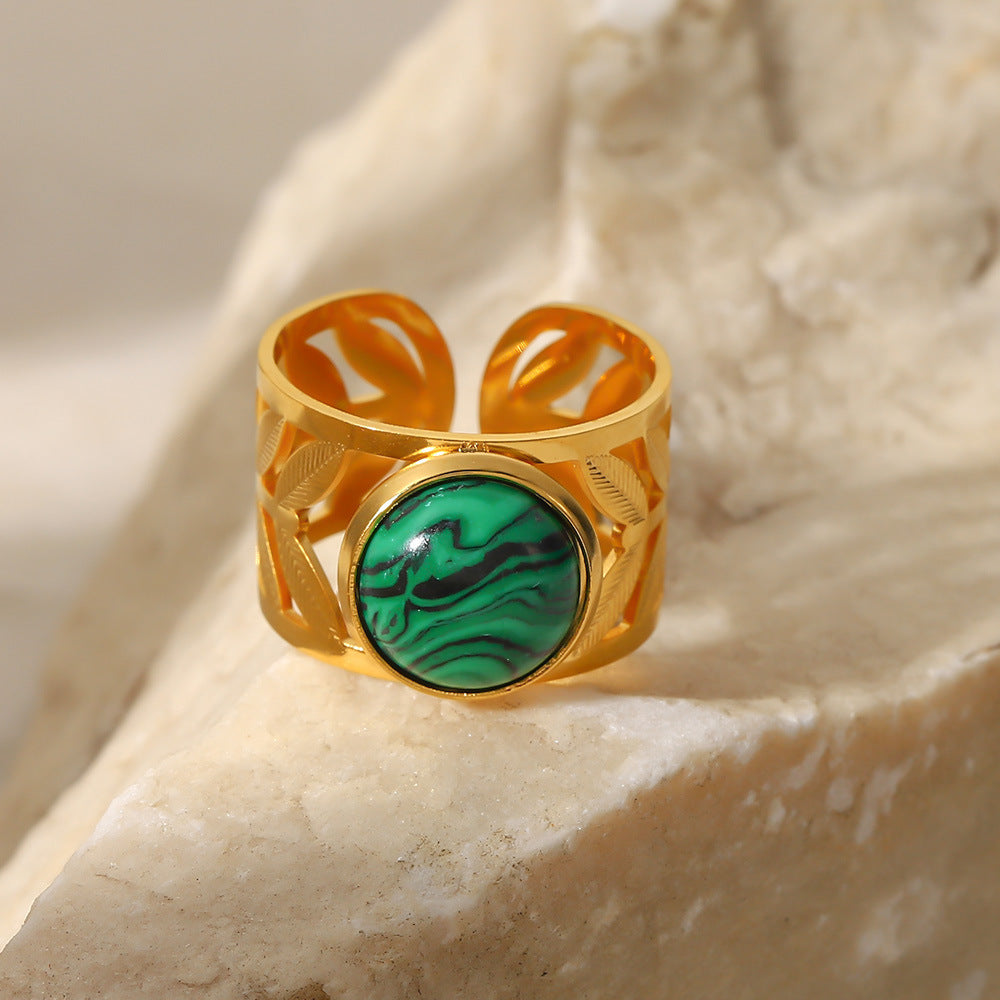 Gold Titanium Steel Ring With Turquoise Inlay Geometric Laser Flower Opening Adjustable Fashion Jewelry Elegant Trend