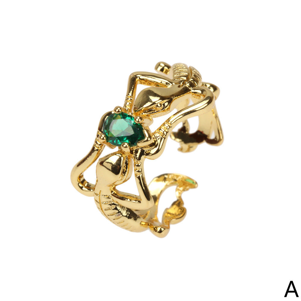 Gecko Ring Green Zircon Gold Plated Copper Adjustable