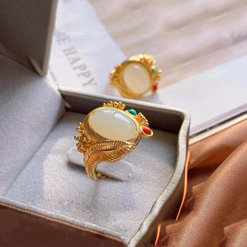 Womens Gold Plated Ring with Hetian Jasper Stone Adjustable Open Animal Zodiac Design Ethnic National Fashion Jewelry Gift for Her